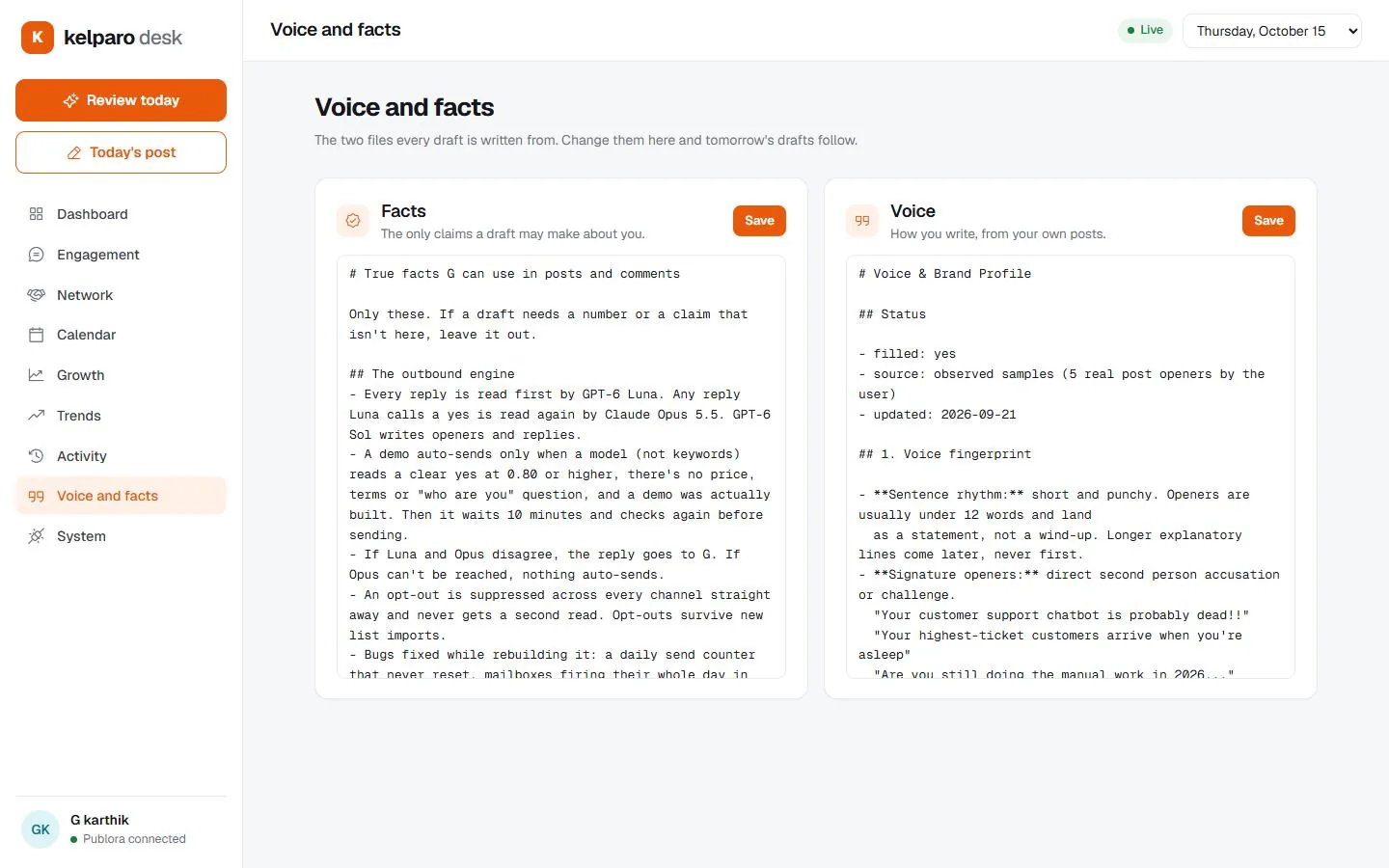 Voice and facts, captured from the running product