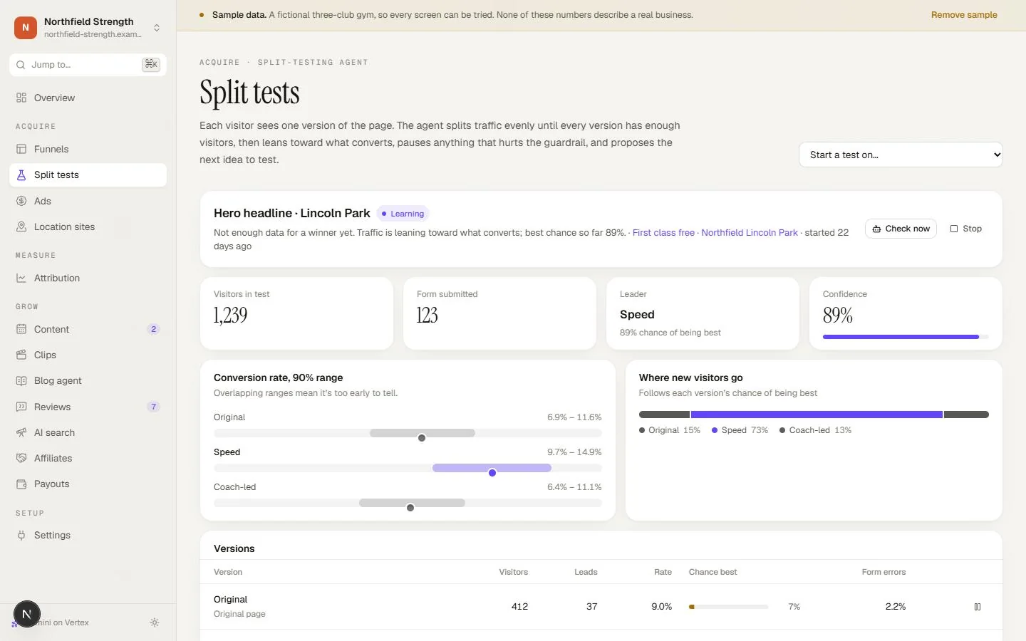 Split tests, captured from the running product