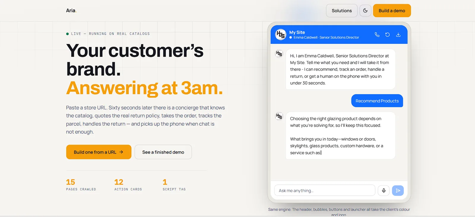 Aria concierge widget embedded on a demo storefront, answering a live product question by name.